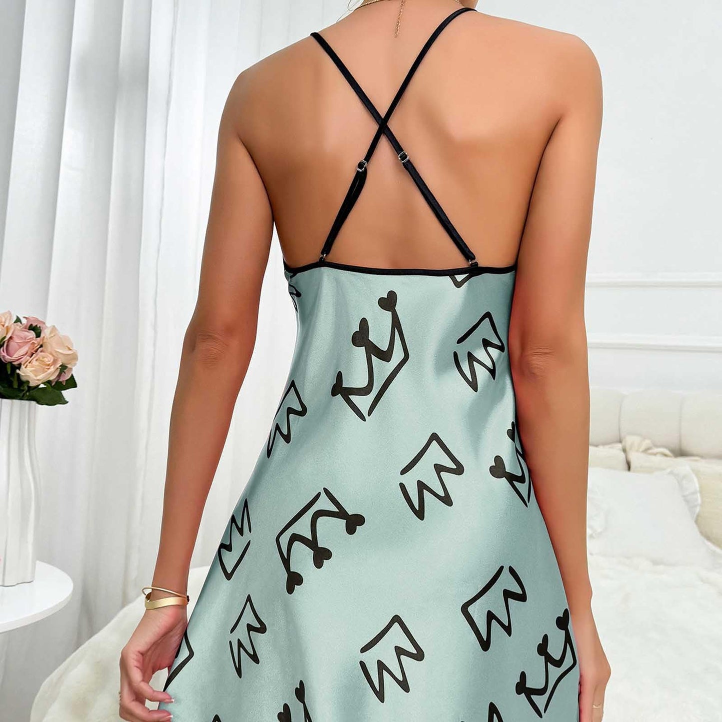 Womens Nightdress Fashion Print Sexy Backless Ice Silk Sling Pajamas Dresses Nightgowns Chemise Sleepwear Lingerie Style001 Green Small