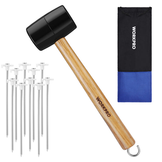 WORKPRO Tent Stakes and Hammer Set, 16oz Rubber Mallet Hammer, Wooden Handle, 10PC Heavy Duty Metal Tent Stakes and Storage Bag, DIY Woodworking, Camping Accessories for Ground, Camp and Graden