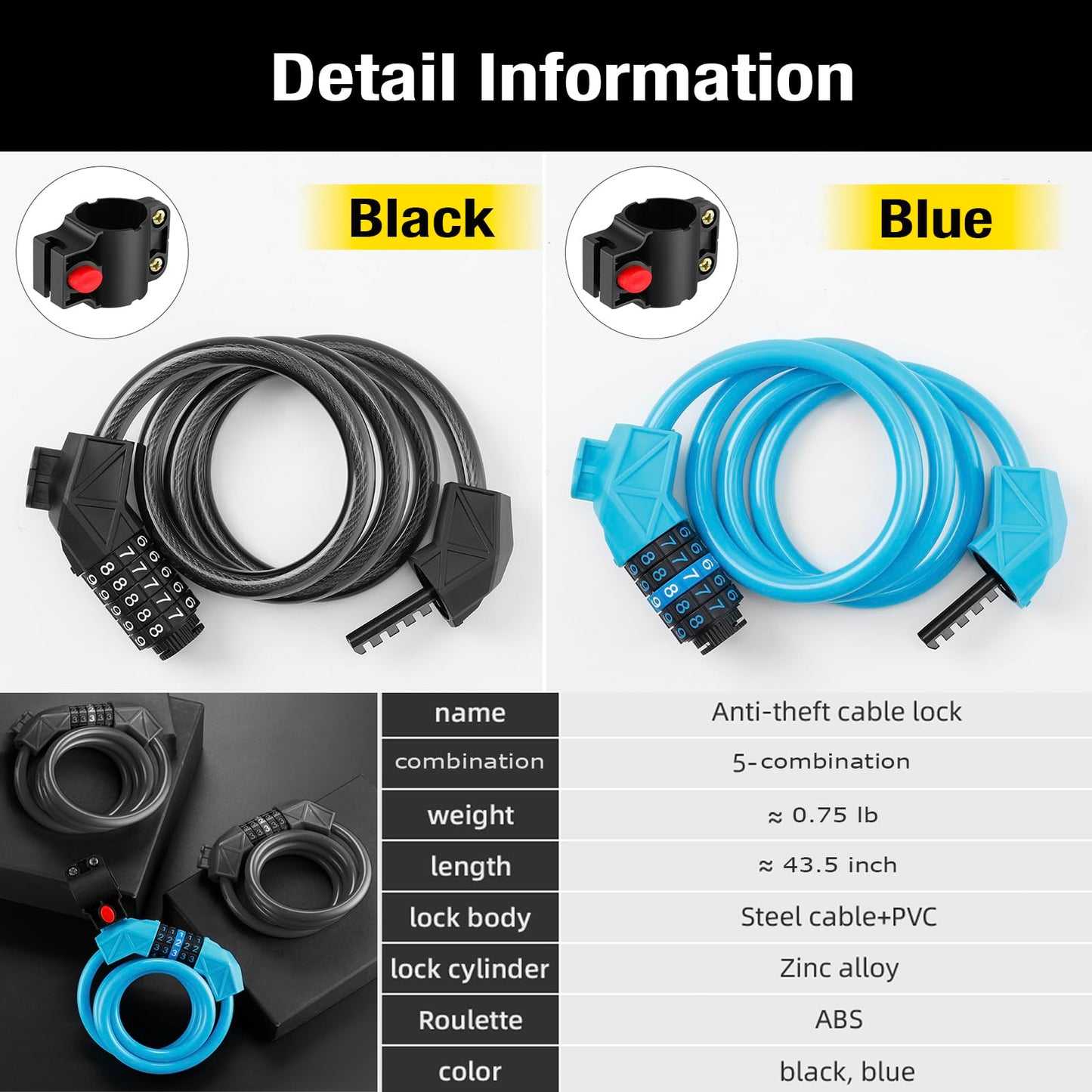 Bike Lock with Mounting Bracket, 4-Feet Bike Cable Basic Self Coiling 5-Digit Resettable Combination Cable Bike Locks, for Bicycle, Motorcycle, Scooter (Black)