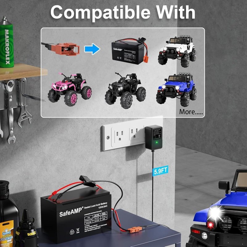 12V Battery Charger Compatible with Ride On Toys, Kids Electric Car, SafeAMP, Best Choice Products, Kidzone, Dynacraft, Flybar, SUV, Hello Kitty, Toddler, Smart Toy Bumper 12Volt Power Cord