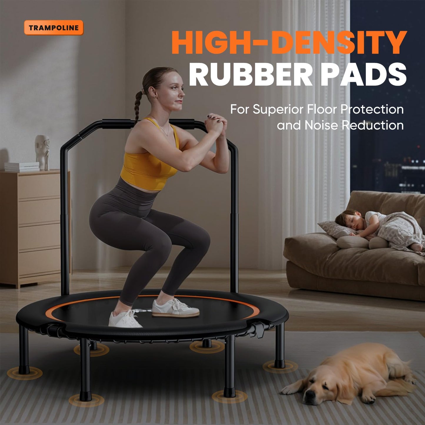 Zupapa 48" Foldable Rebounder, 550LBS Fitness Trampoline with Durable Bungees, Adjustable Handle, Stable & Quiet Exercise Rebounder for Adults, Great Mini Trampoline for Indoor/Garden Workout (48in)