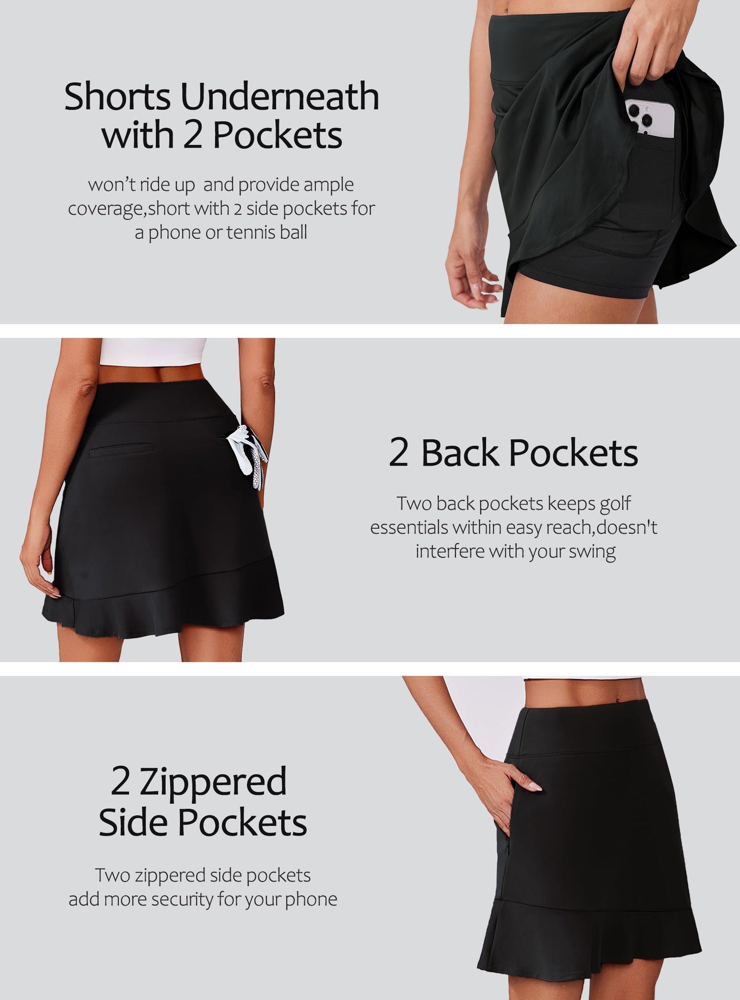 PINSPARK 18" Skorts for Women High Waisted Golf Tennis Skirt UPF50+ Athletic Pickleball Skort with 6 Pockets Workout Casual Summer Skirts,Black Small