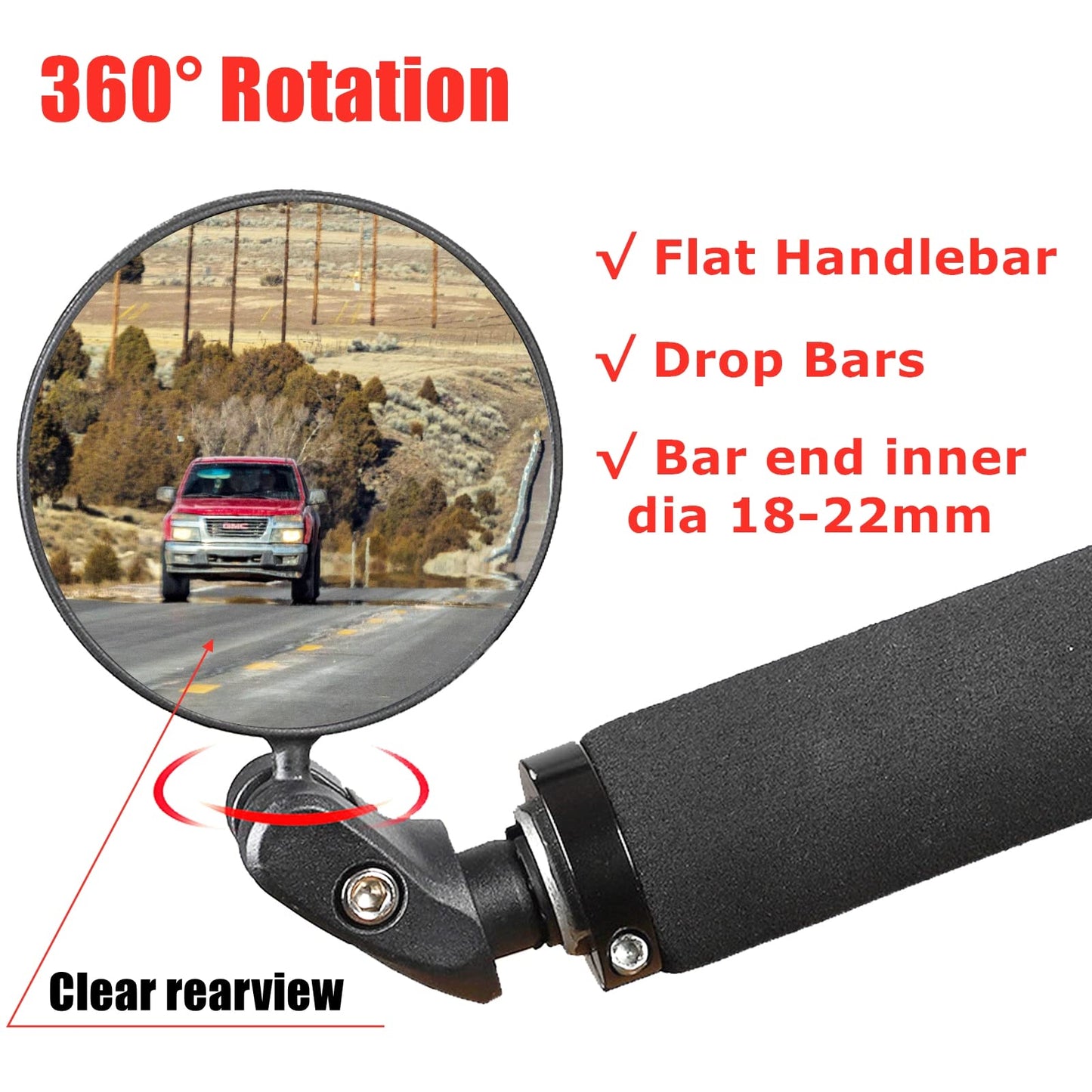 RYANGO Bike Mirror, Bar End Bicycle Mirror 2 Pack, Adjustable Bike Rear View Mirrors for Handlebar End, Acrylic Convex Round HD Bicycle Rearview Mirrors for Road Bike Mountain Bike