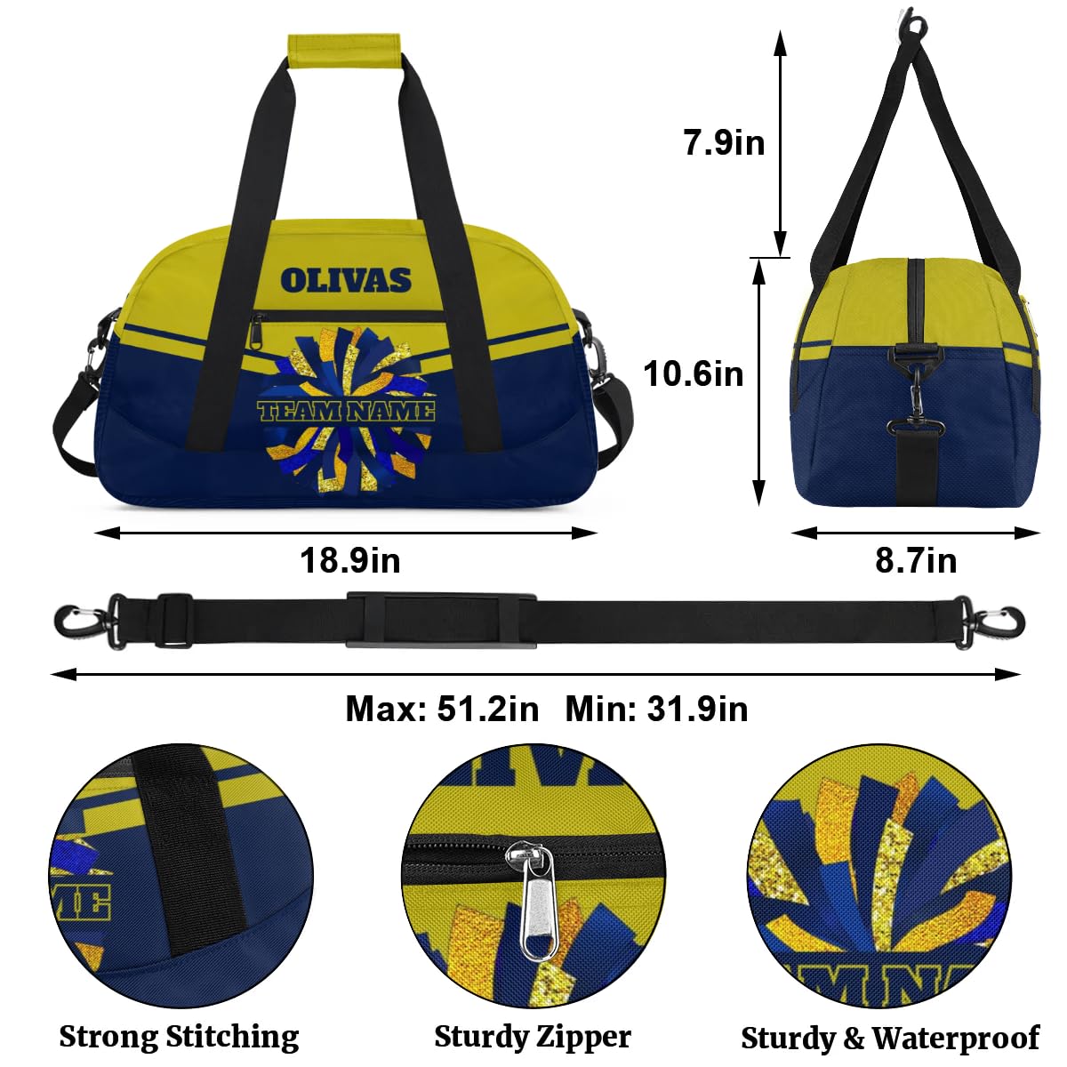 Personalized Cheerleader Bag Dance Bag for Girl, Custom Team Bag Gym Bag Sport Duffel Bag, Weekender Bags Travel Bag for Cheer Team Blue Gold Glam