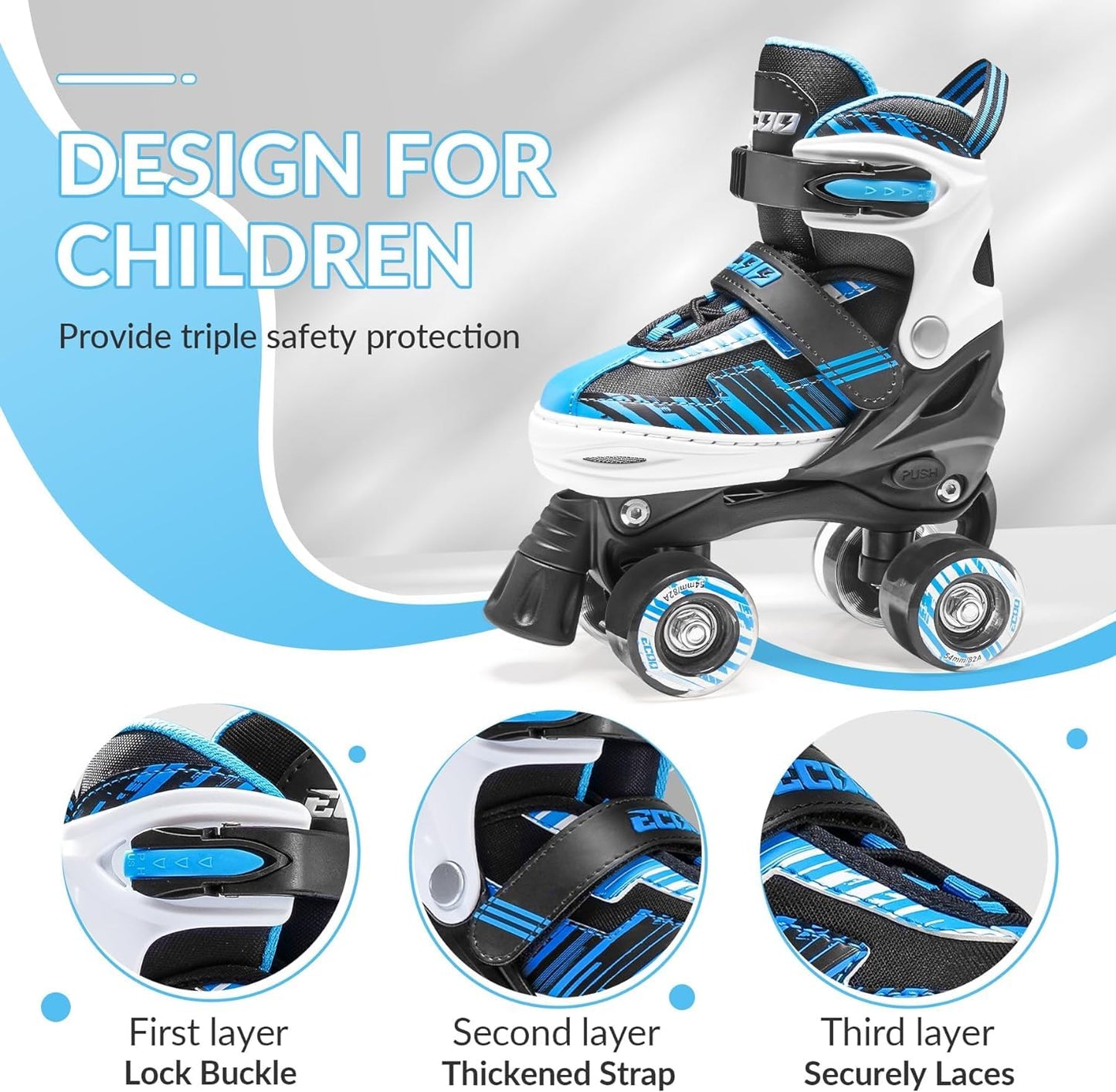 ECOO Roller Skates for Girls Boys Ages 4-12, Toddler Kids 4 Size Adjustable Light up Wheels Beginner Skates (Blue, Medium-Big Kids（13j-3 US）)