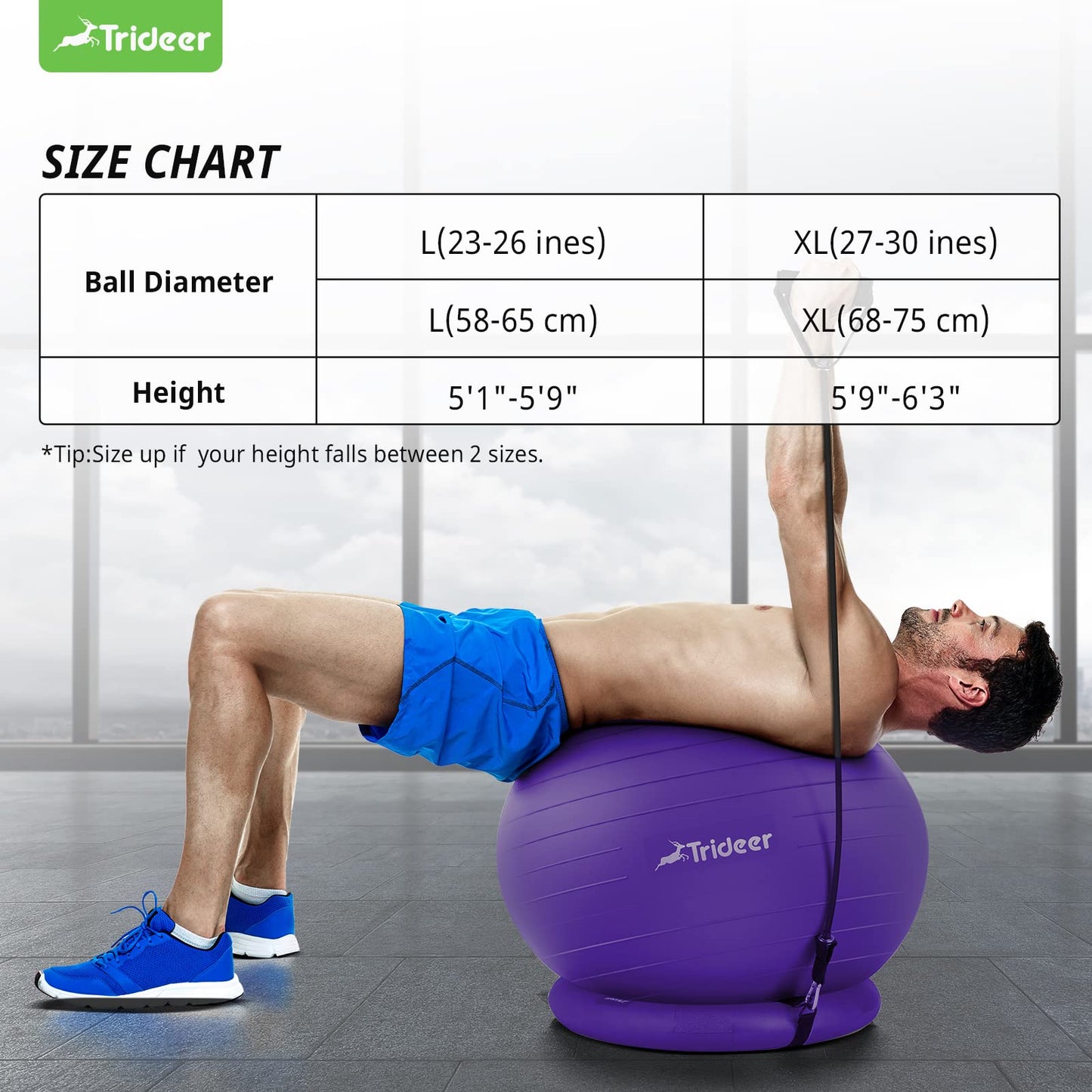 Trideer Yoga Ball Chair With Base & Bands for Home Gym Workout - Exercise Ball for Abs, Stability & Balance Seat to Relieve Back Pain (L(23-26ines/58-65cm), Purple)