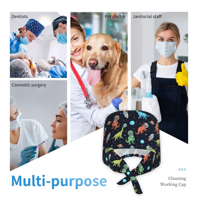 Dinosaur in Space Surgical Scrub Cap with Sweatband Adjustable Tie Back Working Cap for Men Women