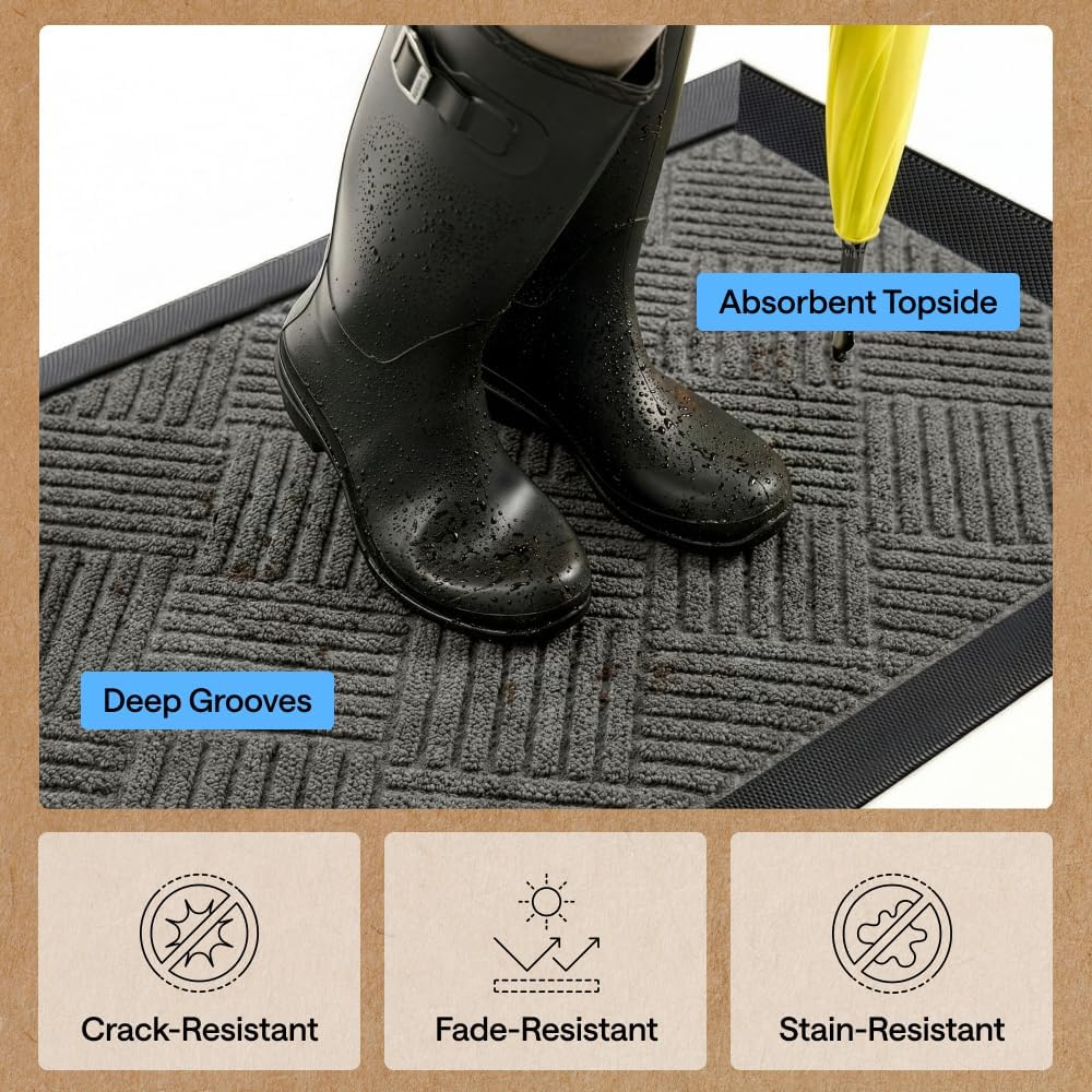 Gorilla Grip Waterproof All-Season Doormat - Natural Rubber, Stain & Fade Resistant | 29x17 Gray Diamond