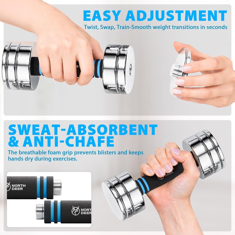 Adjustable Dumbbell Set 10lb Pair (5lb/7lb/8lb/10lb) Set of 2 Steel Dumbbells Chrome Weights with Foam Handles Home Gym Workout (Standard-Finish 10lb×2)