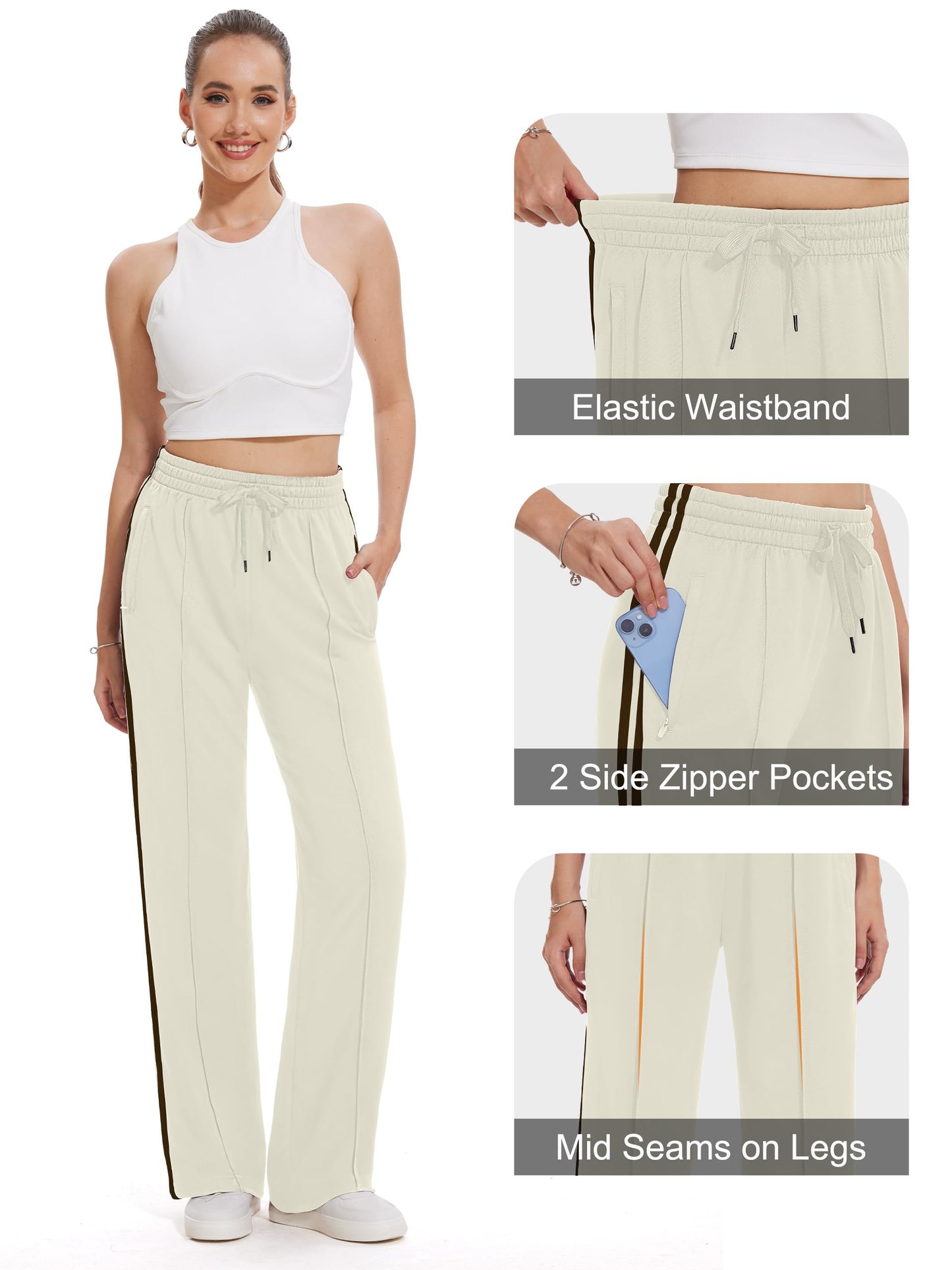 Tapata Regular Women's 30" Inseam Casual Pants Track Athletic Sweatpants Warm Up Loose Side Stripe Street Slacks, Beige, XXL