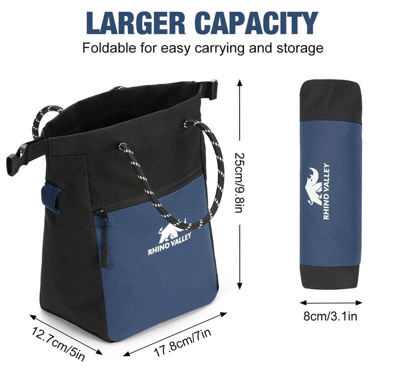 Rhino Valley Chalk Bag for Rock Climbing, Large Bouldering Chalk Bucket with Magnetic Closure/Zipper Pocket-Weight Lifting, Gym, Disc Golf, Wall, Rock Climbing Gifts Gear Accessories, Navy Blue+Black