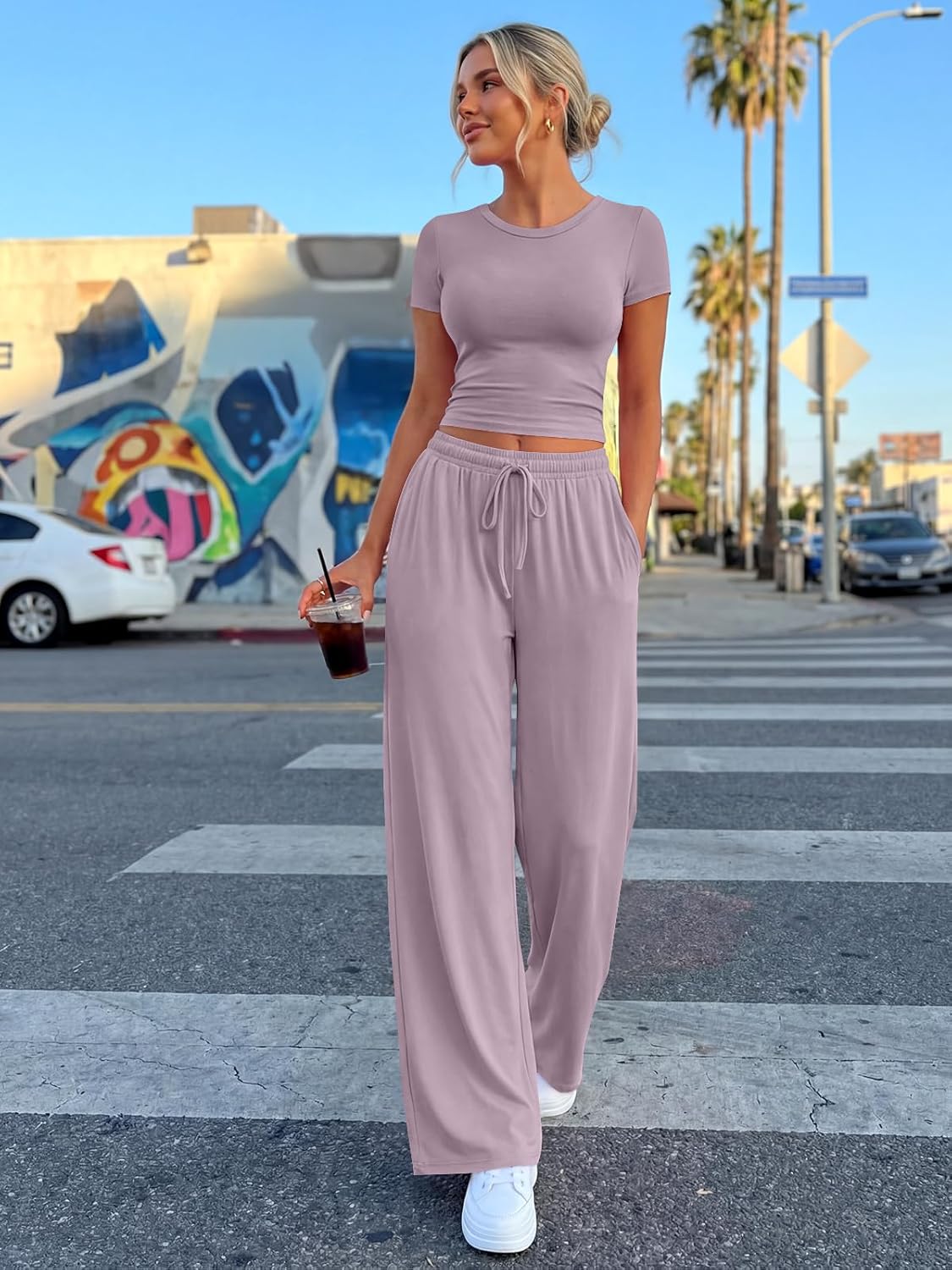 Trendy Queen Summer Lounge Set - Women's 2-Piece Matching Outfit with Side Ruching Top & Wide Leg Pants | Pockets Included