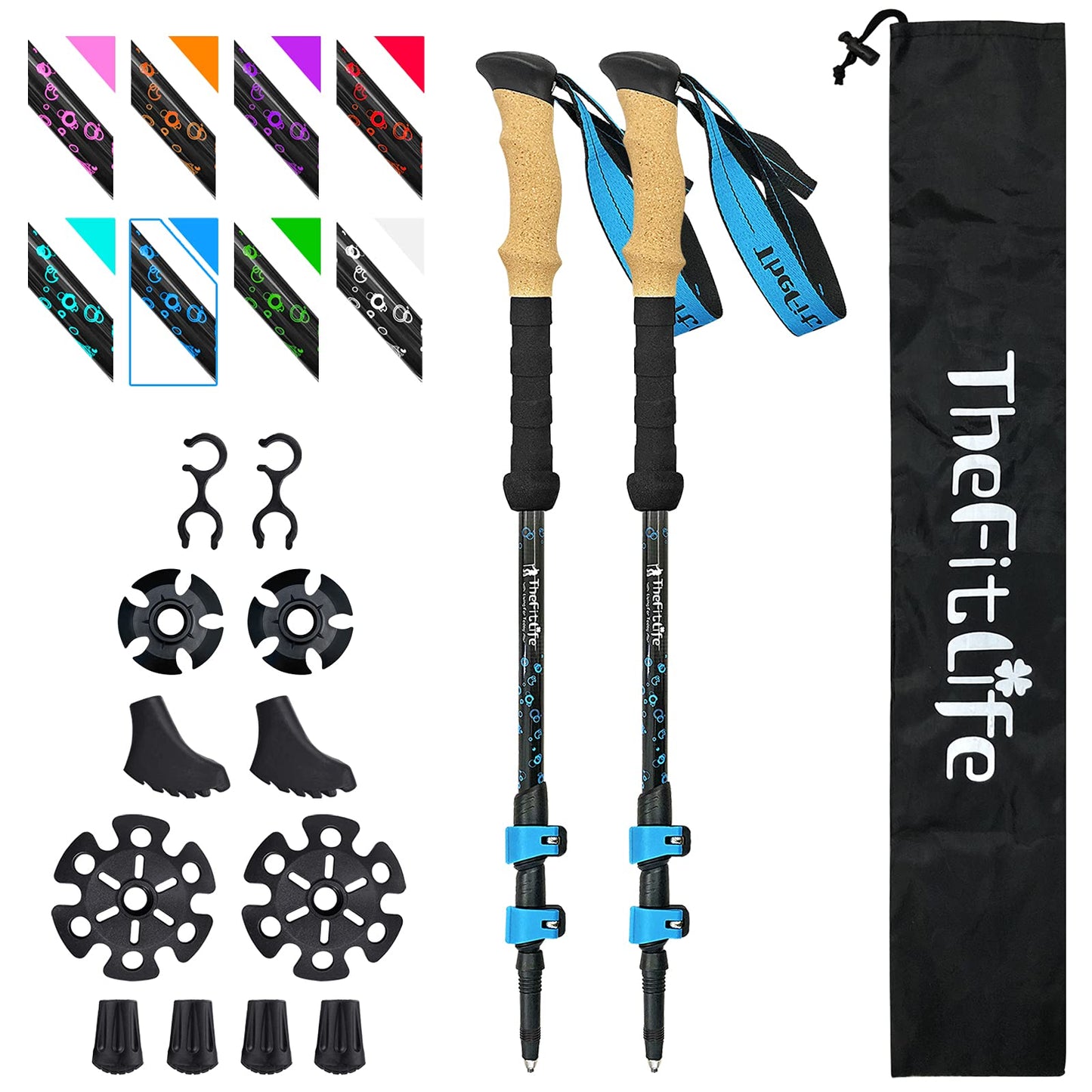 TheFitLife Carbon Fiber Trekking Poles – Collapsible and Telescopic Walking Sticks with Natural Cork Handle and Extended EVA Grips, Lightweight Nordic Hiking Poles for Backpacking Camping (Blue)