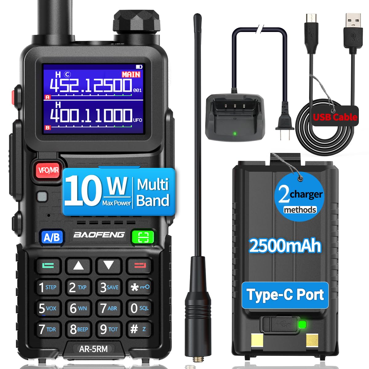 Ham Radio Baofeng Radio 5RM 10W Long Range Handheld AR-5RM Two Way Radio UV-5R NOAA Weather Receiver Rechargeable Walkie Talkies Longe Range DTMF Copy Frequency 999CH with Type C Charging(1 Pack)