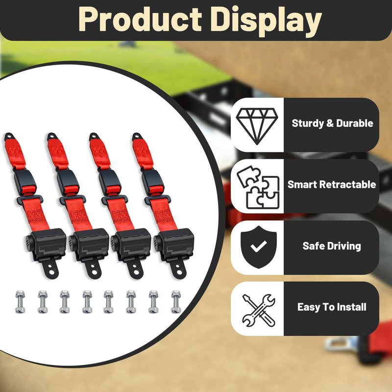 Orle Oko Retractable Golf Cart Seat Belts, Compatible with EZGO, Yamaha, Club Car DS Precedent Most Golf Cart(4 Set), for Golf Cart Frond and Rear Seats, Red