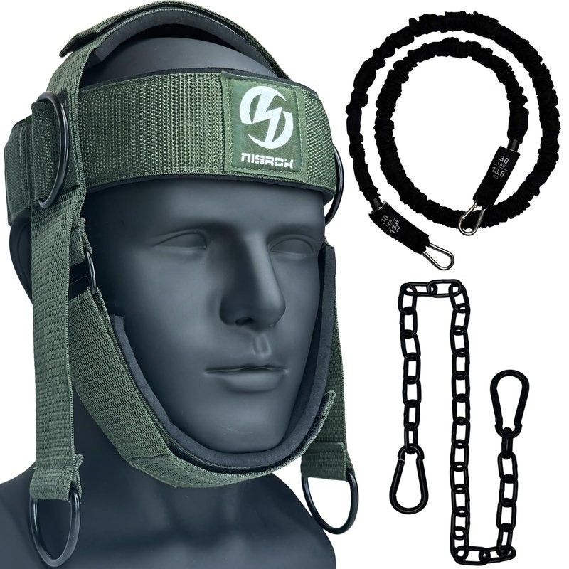 Neck Harness for Increases Neck Core Strength - Neck Exerciser with 30" Heavy Duty Steel Chain for Safely Lifting Weights Up to 280 lbs Green