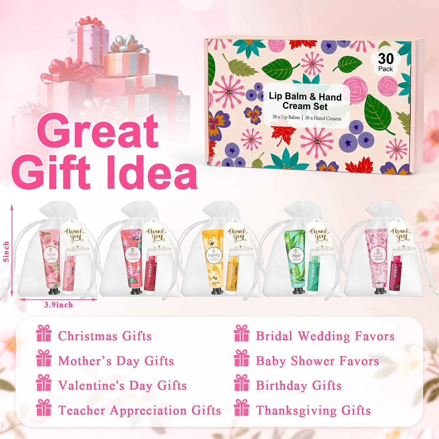 30 Sets Bulk Gifts For Women, Lip Balm Bulk and Hand Cream Gift Set with Organza Bags, Thank You Cards, Party Favors For Bridal Wedding, Baby Shower,Teacher Appreciation Gifts Bulk