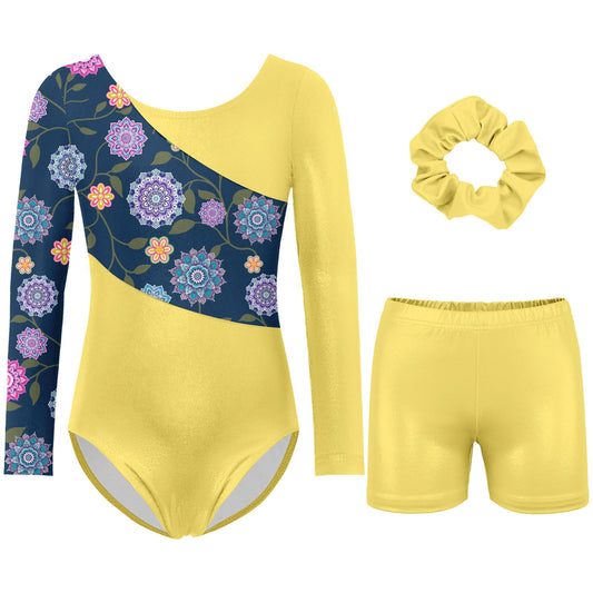 Vogseek Girls Leotards for Gymnastics Size 6 Long Sleeve Yellow Floral Little Girls' Gymnastics Biketards with Short for 5t Kids Winter Classic Sparkle Diamond Tumbling Outftit