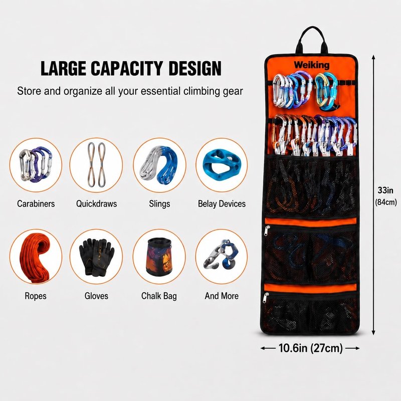 Climbing Quickdraw Hanging Storage Bag, Carabiner Hook Gear Equipment Parts Collections, Durable Foldable Bundled Roll Anti-scratch Bag, Small Tools Organizer Pouch, suit for Rock Climbing Ice Climb