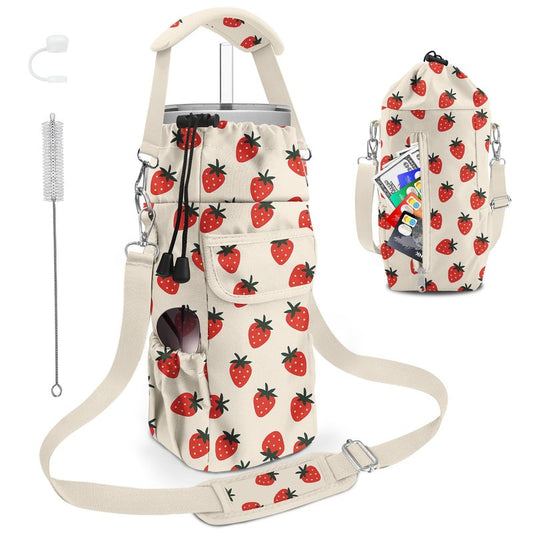 bolimoss Strawberry Water Bottle Holder with Strap 24 32/40oz Water Bottle Carrier Bag, Cute Water Bottle Sleeve with 4 Pocket, Sport Water Holder with Handle Shoulder Strap for Walking Hiking Camping