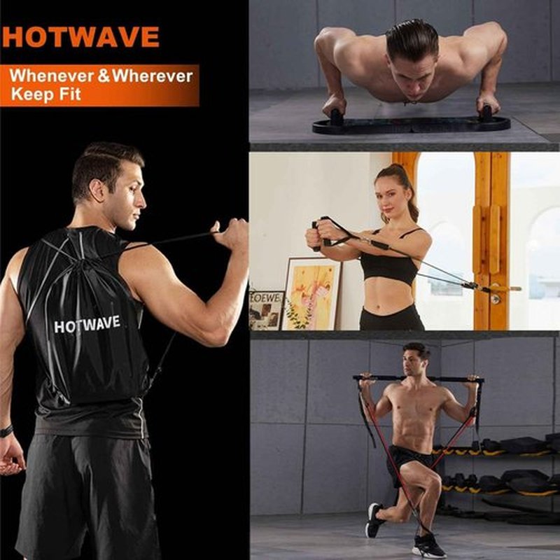 HOTWAVE Portable Exercise Equipment with 16 Gym Accessories.20 in 1 Push Up Board Fitness,Resistance Bands with Ab Roller Wheel,Pilates Bar.Strength Training for Man,Full Body Workout Machine at Home