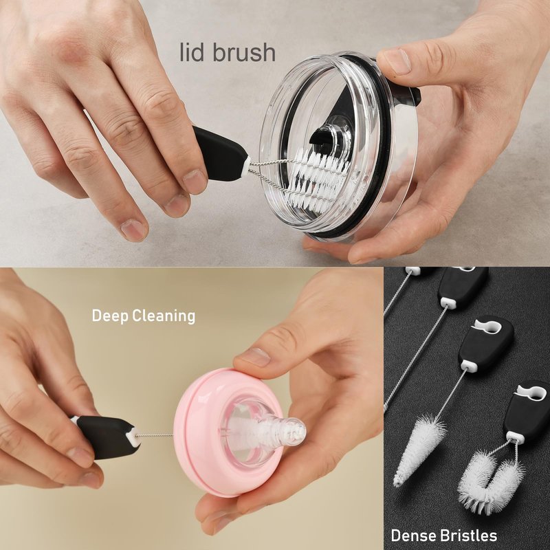 ALINK 5 Pack Bottle Brush Cleaning Set with Holder, Bottle Cleaner with Stand, Straw Nipple Lid Brush for Stanley， Yeti, Owala Tumblers, Starbucks, Mason Jar, Glasses, Jugs - Black