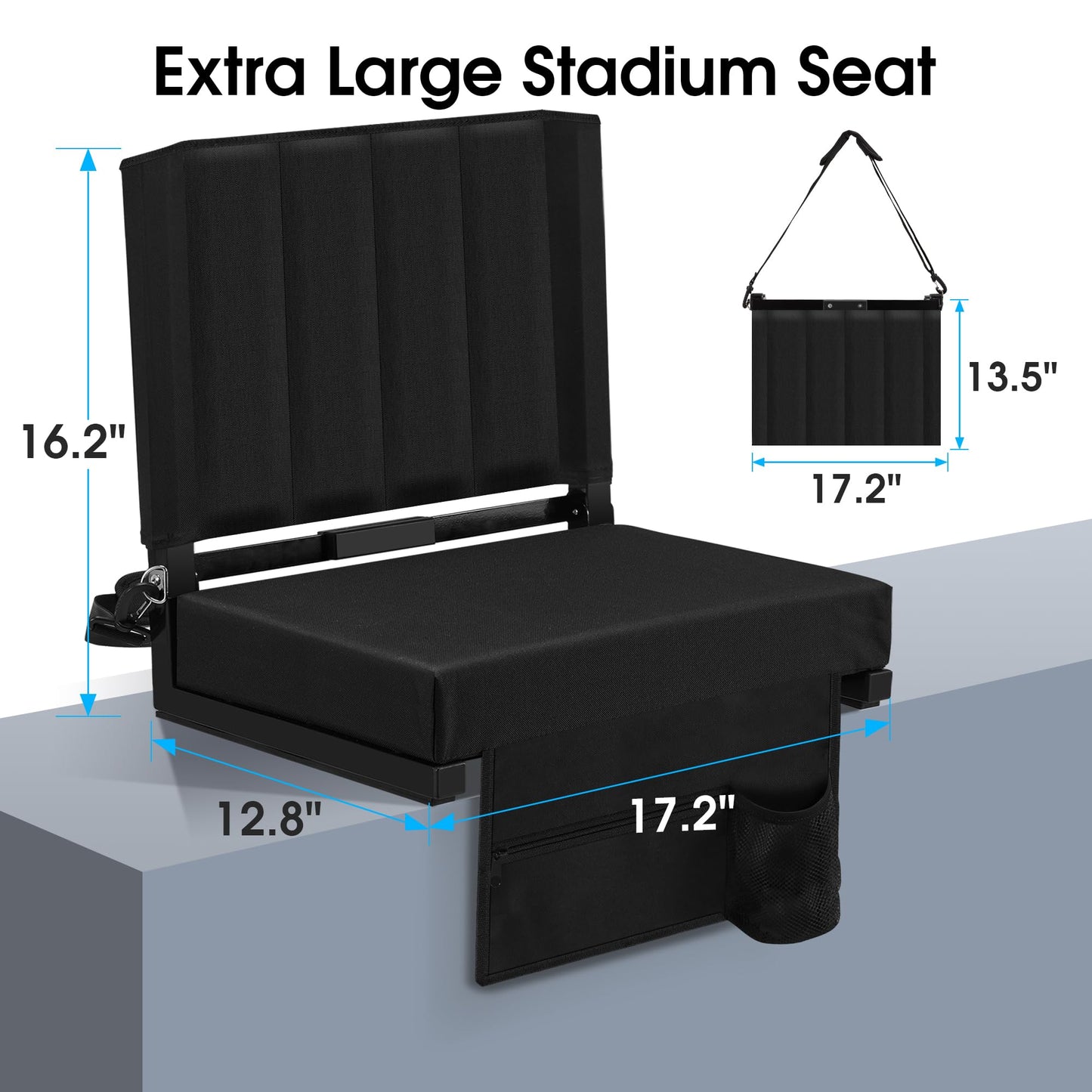 Eusuncaly Stadium Seat for Bleachers with Back Support and Wide Comfy Padded Cushion, Foldable Stadium Seats Chairs with Shoulder Strap and Storage Pockets, Bench Chair for Bleachers