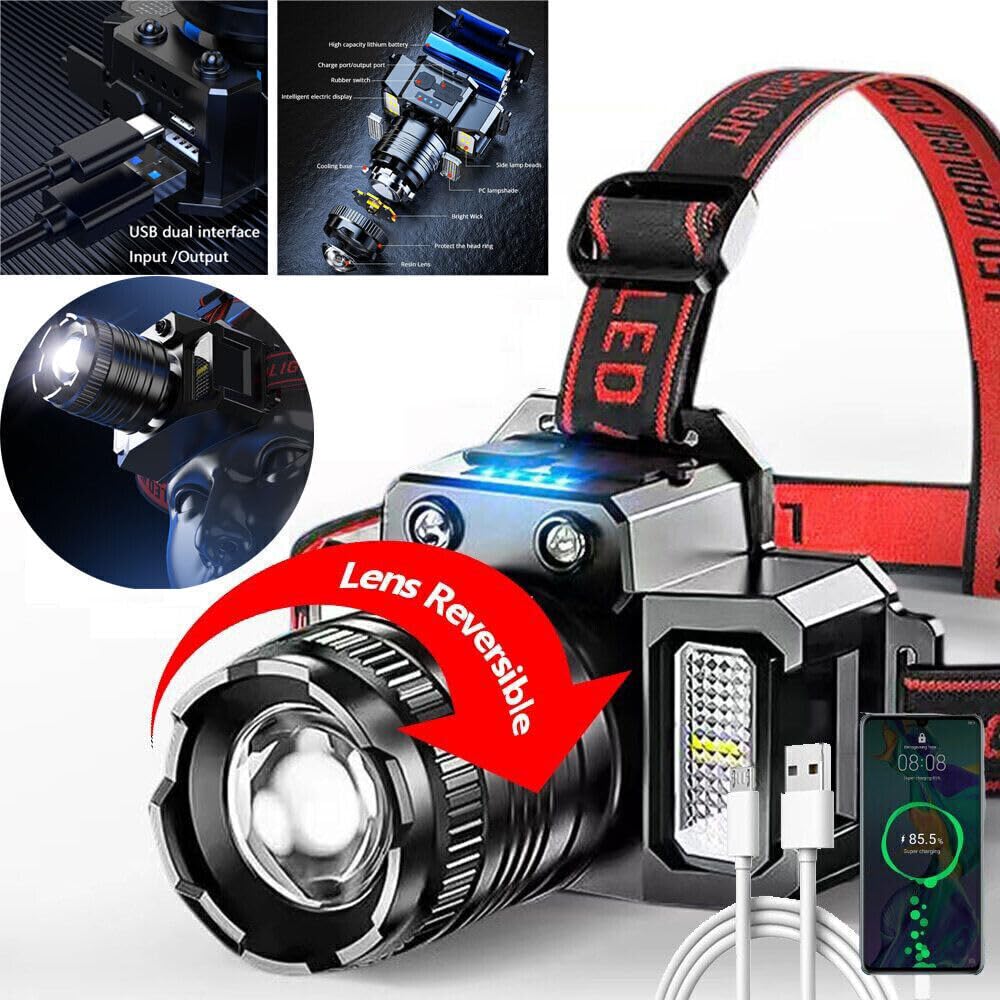 Wrrozz Headlamp Rechargeable Head Lamp LED, Super Bright Motion Sensor Head Light with Red/White/Blue Light, Waterproof Adults Forehead Flashlight Headlight for Camping, Running, Hiking, Fishing