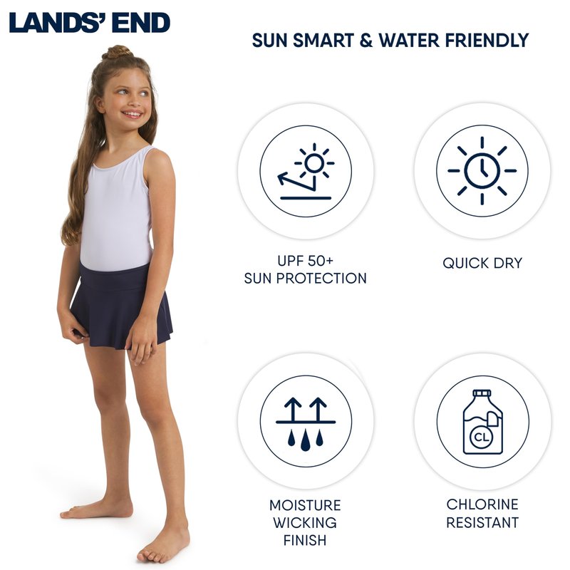 Lands' End Girls' Swim UPF 50+ Stretch Waist Attached Bikini Bottom Swim Skirt, Deep Sea Navy, X-Large