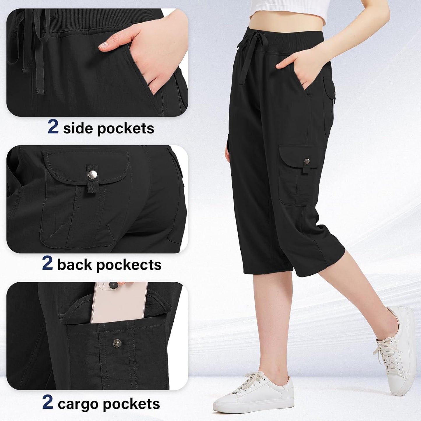 Women's Cargo Capris Hiking Pants - Lightweight Quick-Dry Cotton | 6 Pockets for Outdoor Travel