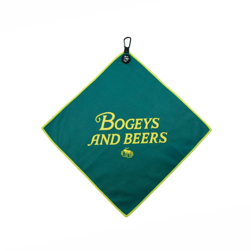 Bogeys and Beers Magnetic Golf Towel, Green and Gold Microfiber with Carabiner Clip