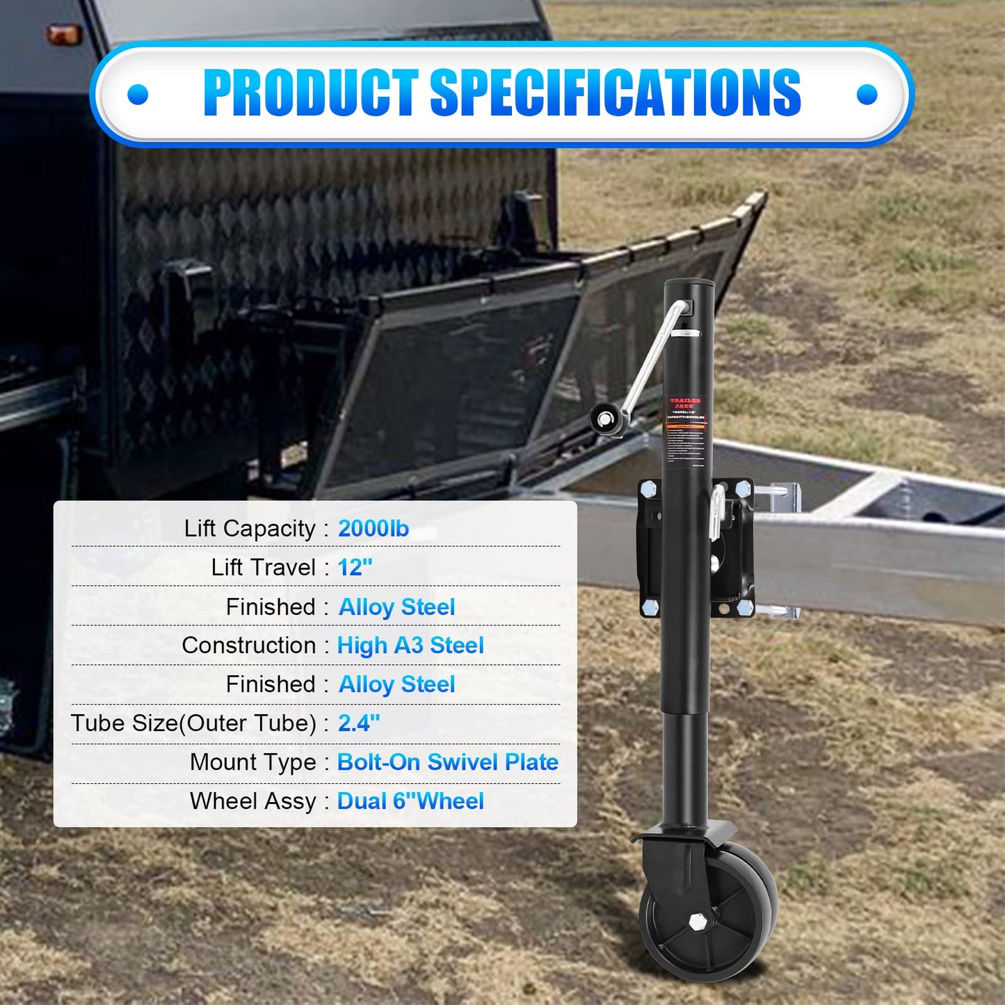 Trailer Jack with 6" Dual Wheels, 2000 lbs Swivel Side-Mount Jack for Boat Trailers, Utility Trailers and Campers, 12 Inch Lift Height Range 26"-38", Mounting Hardware Included