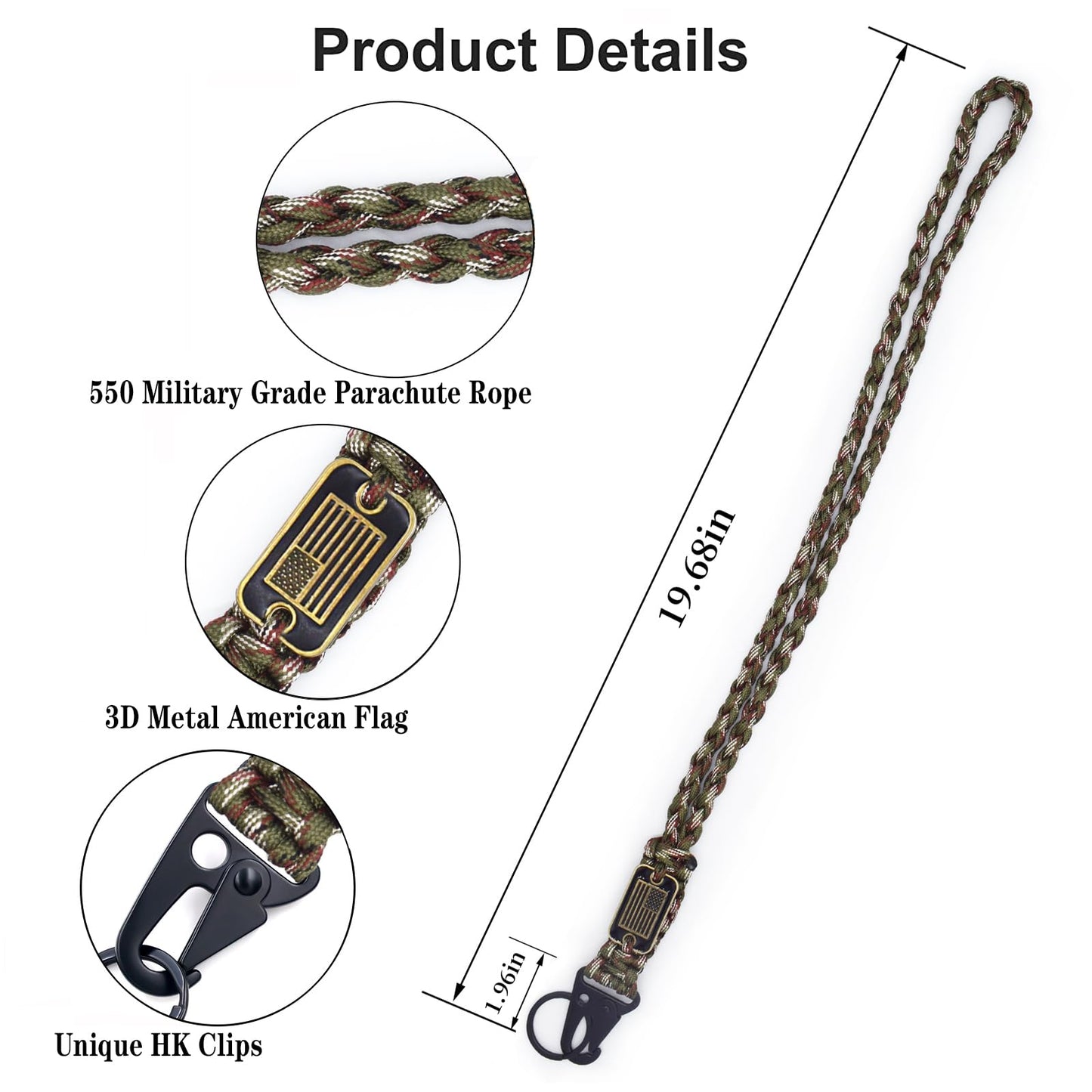 Tragdro 2 Pcs Heavy Duty Braided Paracord Lanyard Keychain with USA Flag, Parachute Rope Necklace Keychains, Braided Strong Lanyard for Outdoor Activities, Camera, Keys, Whistle, Traveling