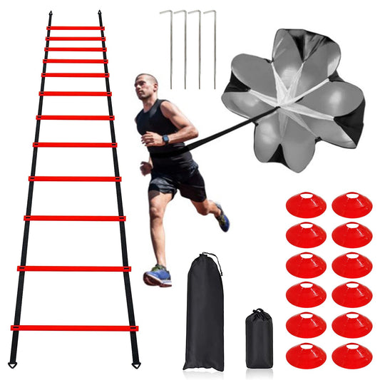 Pro Speed & Agility Training Set—Includes 12 Rung 20ft Adjustable Agility Ladder with Carrying Bag, 12 Disc Cones, 4 Steel Stakes, 1 Resistance Parachute, Use Equipment to Improve Footwork Any Sport