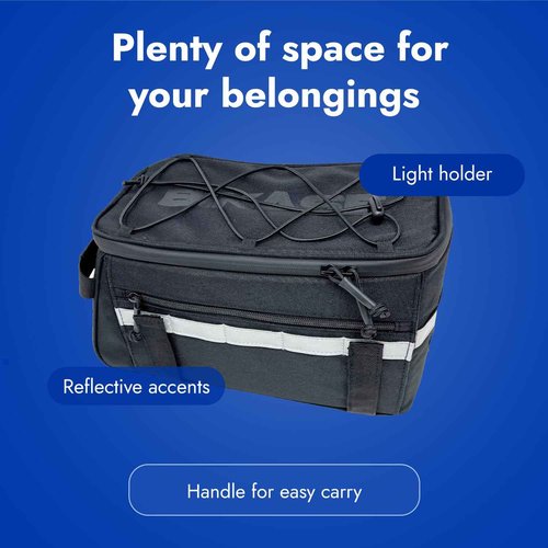 BiKase Big Momma Bike Trunk Bag - Universal Fit Medium Rear Rack Bag with Side Pockets, Top Bungee, Mesh Pocket, Key Holder & Reflective Accents - Spacious Bicycle Rack Bag for Ebikes & Bicycles