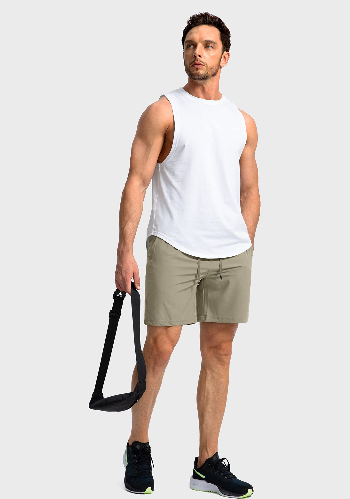 Soothfeel Men's Running Shorts with Zipper Pockets 7 Inch Lightweight Quick Dry Gym Athletic Workout Shorts for Men (Dusty Khaki, XS)