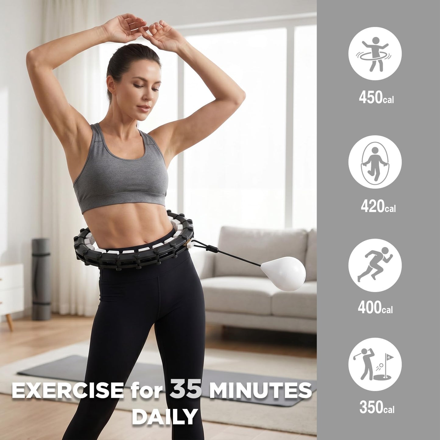 Weighted Infinity Hoop with 24 Detachable Quiet Knots, Hula Circle Hoop for Adults Weight Loss, Exercise Fit Hoop Suitable for Women and Beginners, Smart Adjustable Hoops, Black