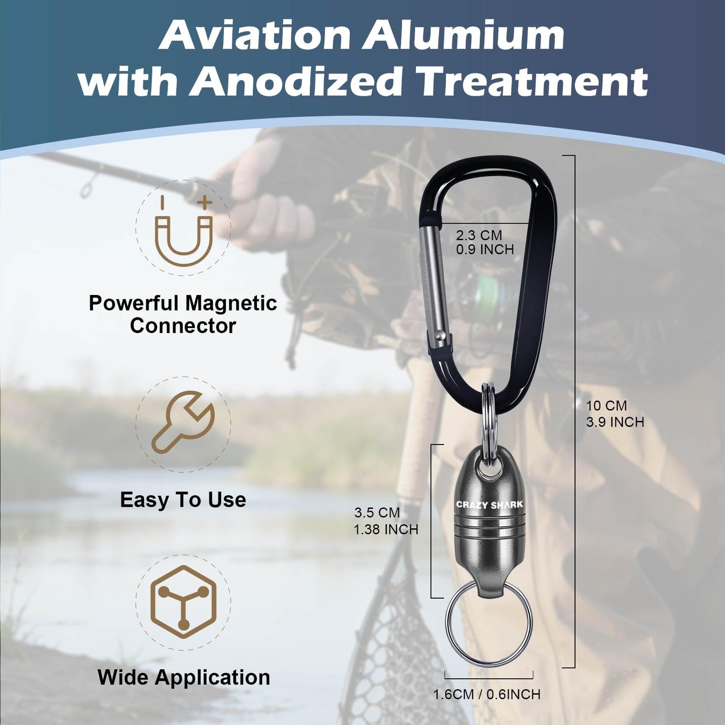 CRAZY SHARK Magnetic Net Release for Fly Fishing, Aluminum Fishing Net Magnet, Fly Fishing Net Holder Retractor with Carabiner Gun Metal