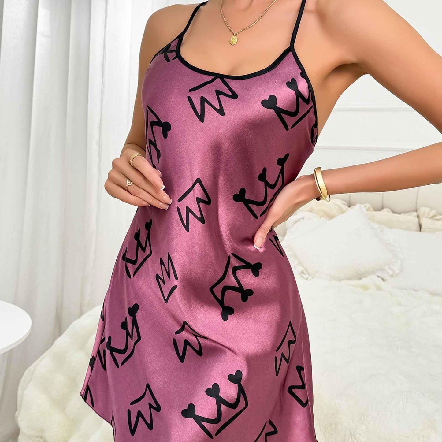 Womens Nightdress Fashion Print Sexy Backless Ice Silk Sling Pajamas Dresses Nightgowns Chemise Sleepwear Lingerie Style001 Purple Small