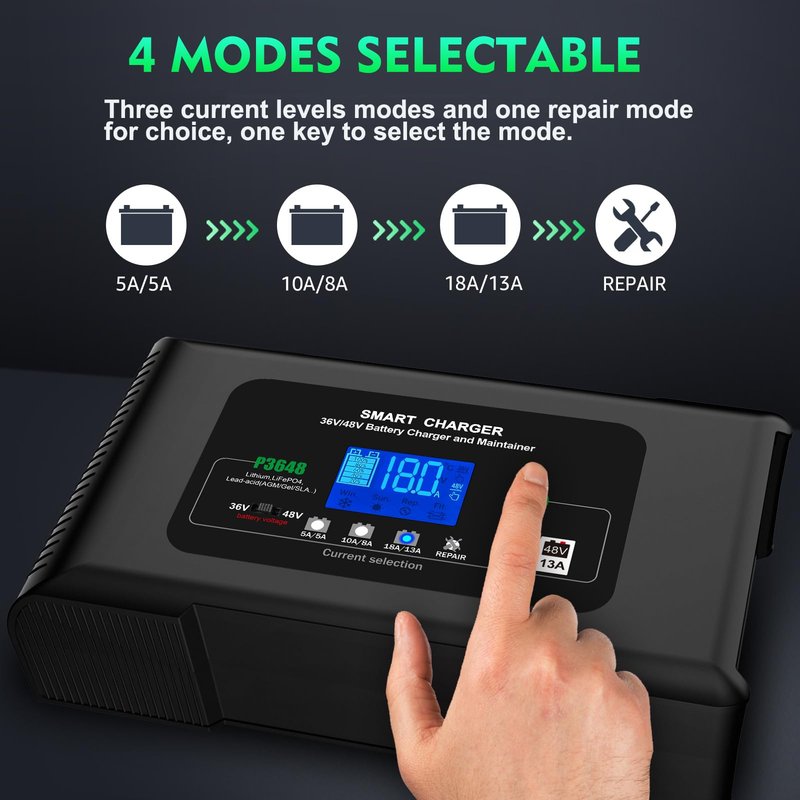 Golf Cart Battery Charger, 36 Volt 18 AMP/48 Volt 13 Amp Large Screen Golf Cart Charger for Club Car Golf Carts with 3 Pin Round Plug, Lithium, LiFePO4, Lead-Acid AGM/Gel/SLA Smart Battery