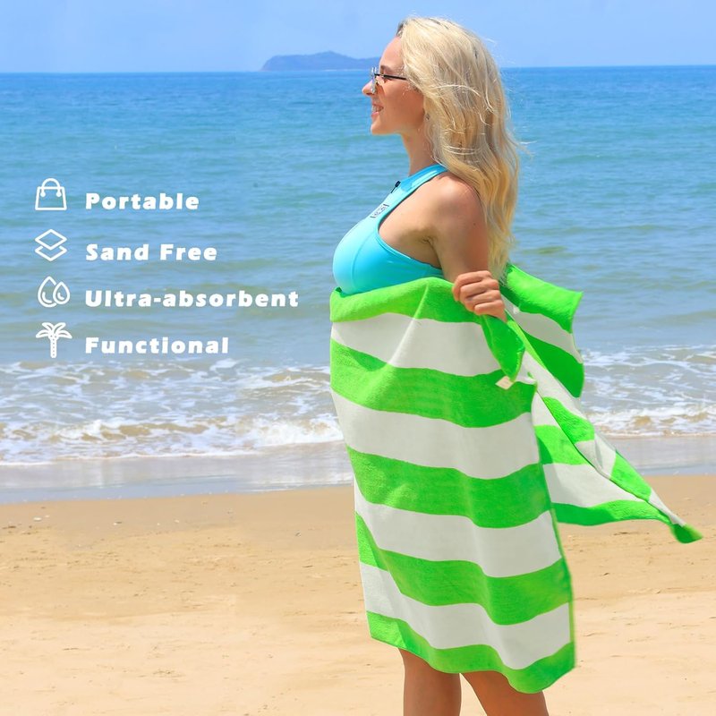 Oversized Beach Towels - 4 Pack Lightweight Cabana Stripe Pool Bath Towels for Kids & Adults | Extra Large 30x60 Inches, Green