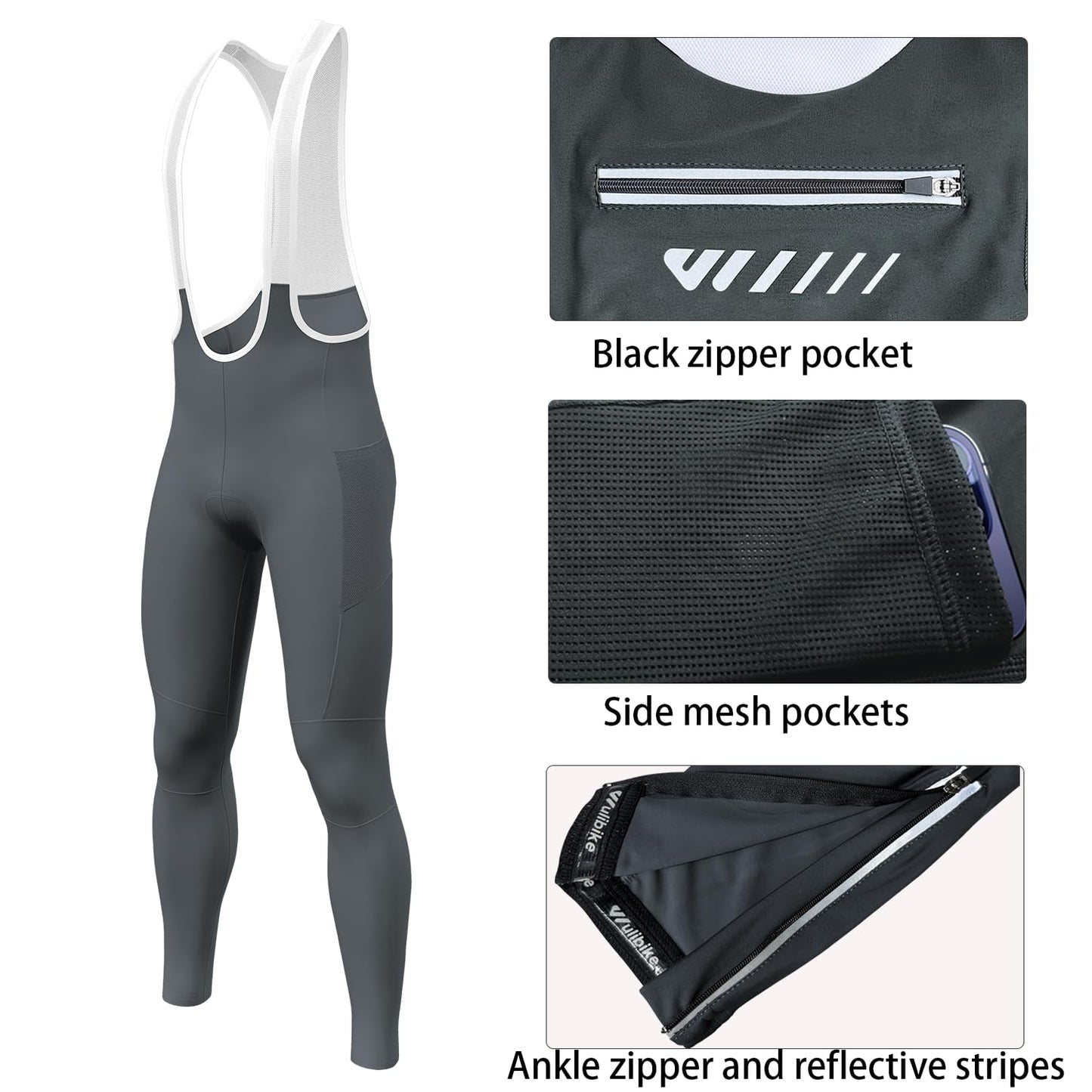 Lo.gas Men's Cycling Bib Pants Padded Bike Cycling Bibs Pants Men Tights with Shoulder Straps 4D Padding Breathable Quick-Dry Grey-M