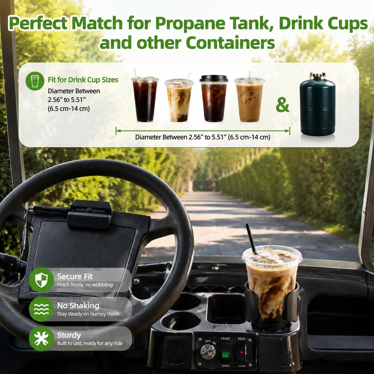 AIPSET Golf Cart Cup Holder for Summer Drinks, Propane Heater Holder for 1lb Tank & Water Bottle, Adjustable for All Drinks, Universal Compatible with EZGO Club Car Yamaha, Firmly & Easy to Use