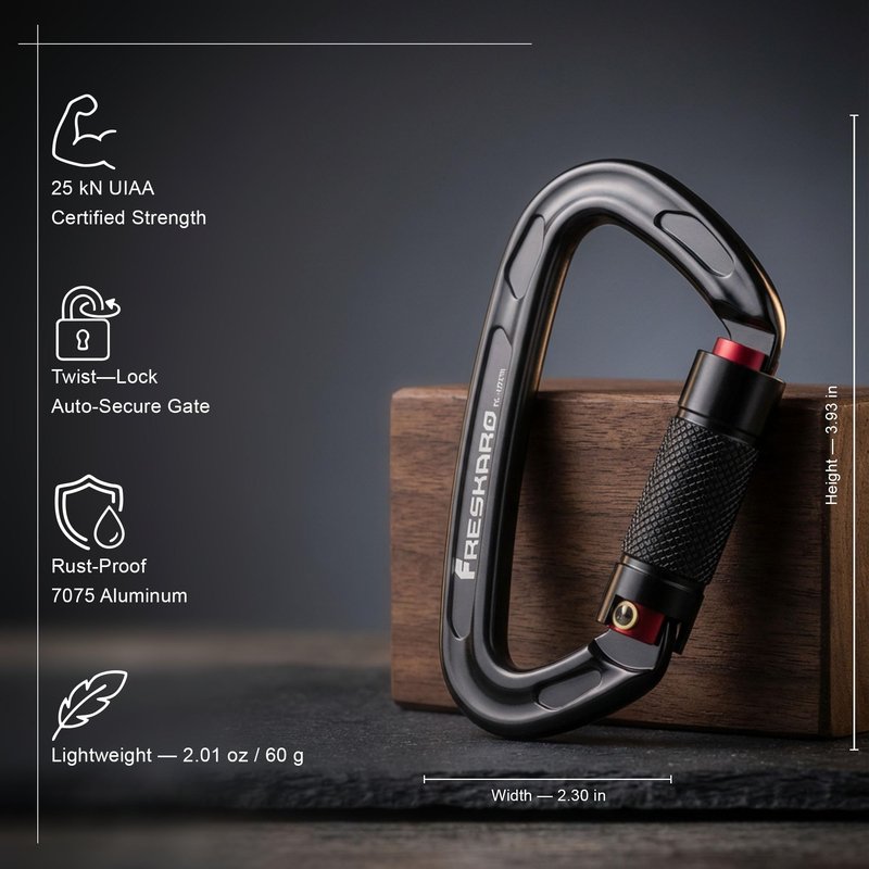 FresKaro Climbing Carabiner Clip, Heavy Duty, Auto Locking, Twist Lock Carbineers for Firefighter, Rock Climbing, Rappelling, Hunting, Gym, UIAA CE Certified 25kN Karabiners, 4 Inch, Black, 4 Pack