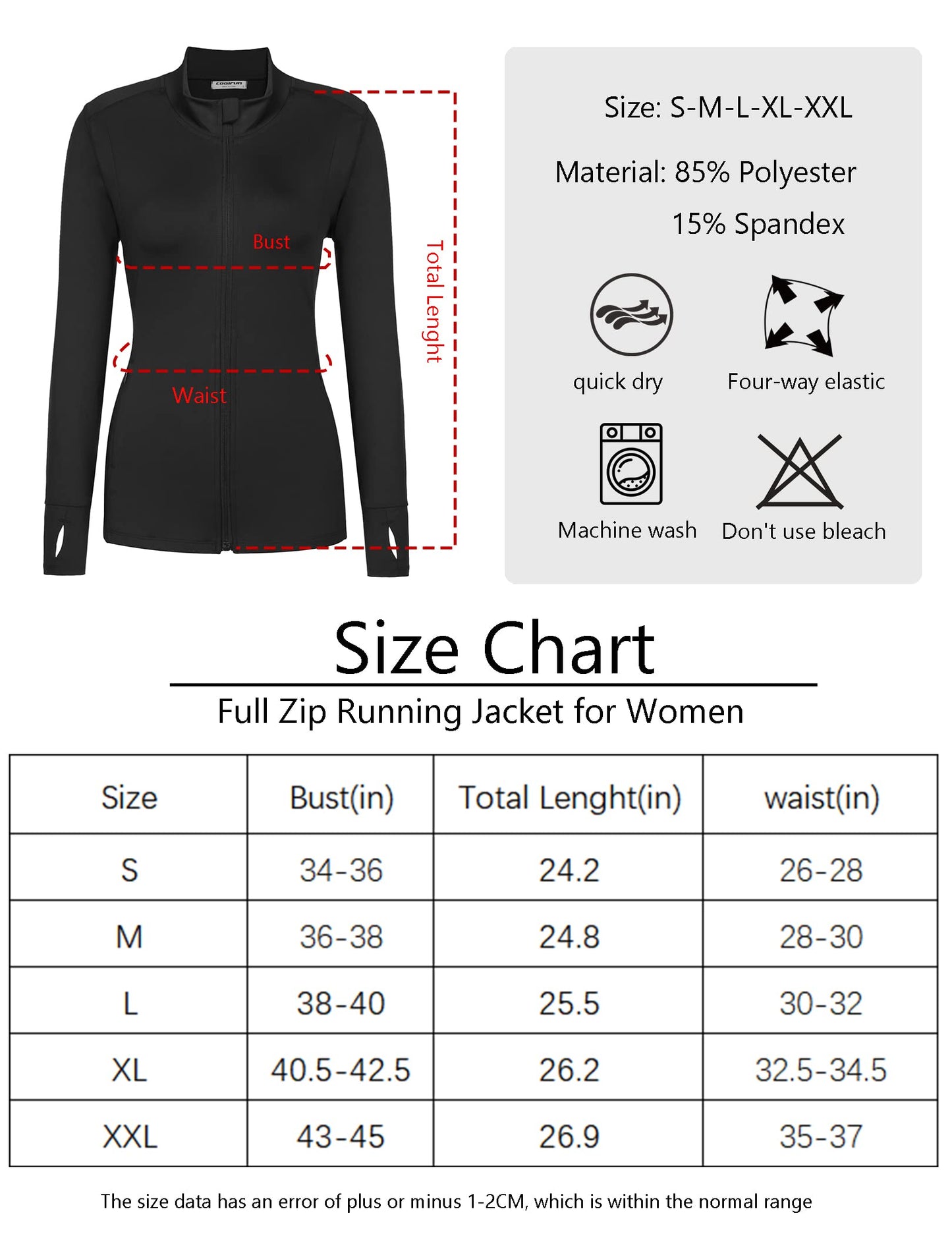 PINSPARK Women Workout Jackets Running Yoga Active Jacket Zipper Track Tops Long Sleeve Sportswear Black L