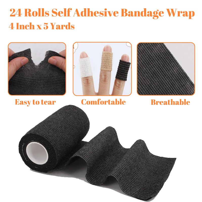 24 Rolls Self Adhesive Bandage Wrap, Vet Wrap 4 Inch for Horses Dogs Wounds Care Dressings, Elastic Self Stick Cohesive Bandage Wrap, Wrist, Sports, Ankle Tape Leg Wraps Black