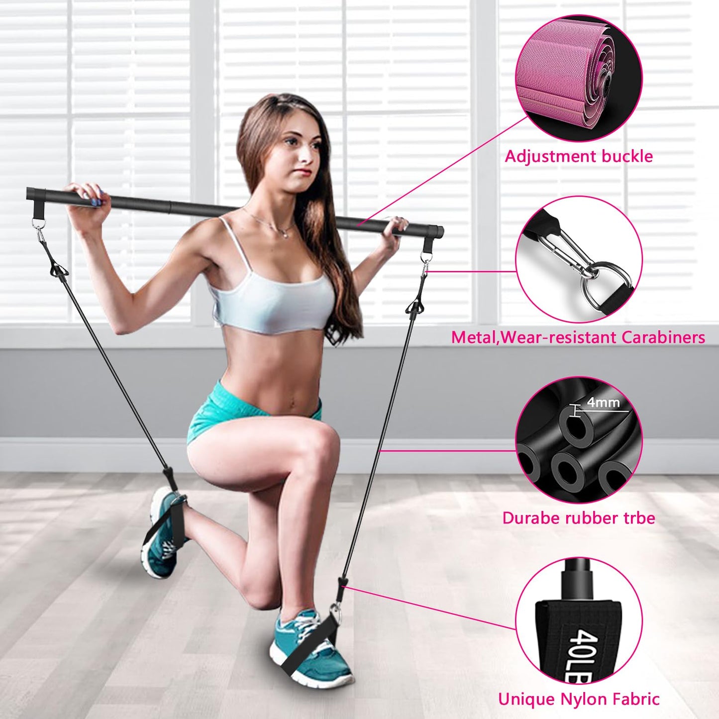 Pilates Bar Kit with Resistance Bands(4 x Bands),3-Section Pilates Flexbands Kit Workout Equipment for Legs,Hip,Waist and Arm,Fitness Equipment for Women & Men Home Gym Yoga Pilates Black