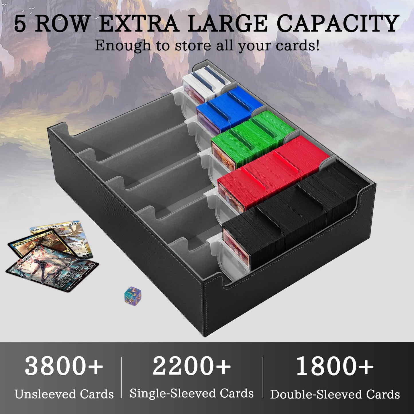 5 Row Trading Card Storage Box, 3800+Bulk Card Organizer Box with 20 Dividers & 5 Supporters, Graded Card Deck Box for YuGiOh, MTG, TCG Black/Grey