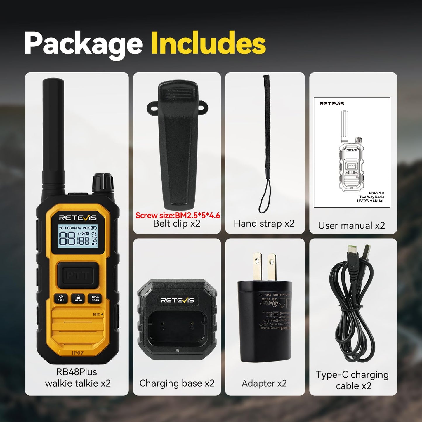 Retevis RB48PLUS GMRS Walkie Talkies Long Range,IP67 Waterproof Heavy Duty Two Way Radios,Repeater Capable,Vibration Alert,NOAA,SOS,for Hurricane Preparedness,Emergency Communication,Outdoor(2 Pack)