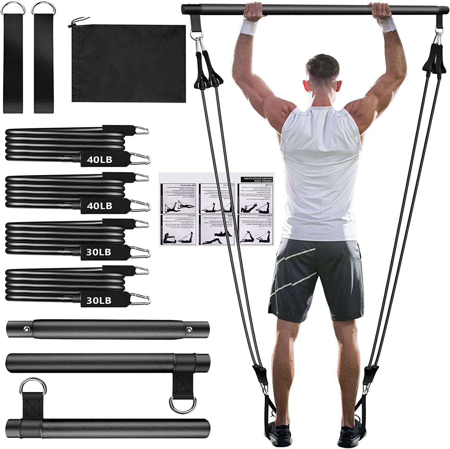 Pilates Bar Kit with Resistance Bands(4 x Bands),3-Section Pilates Flexbands Kit Workout Equipment for Legs,Hip,Waist and Arm,Fitness Equipment for Women & Men Home Gym Yoga Pilates Black